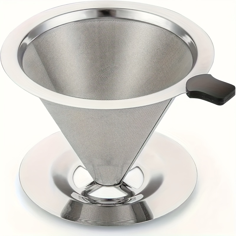 1pc Stainless Steel Coffee Filter With Silicone Handle & Base - Reusable, No Paper Filters Needed, Easy To Clean - Durable Conical Design For Home, Office, Camping, Travel, Coffee Filter Holder