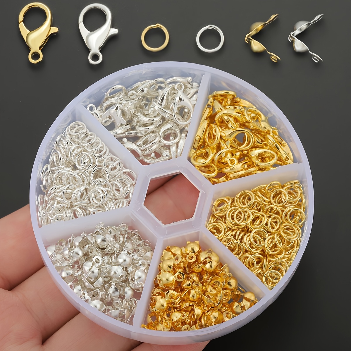 E-shop 350 Stück/Box DIY Schmuckherstellungsset, inklusive 40 Karabinerverschlüsse, 210 Sprungringe und 100 Crimp-Perlen, geeignet für Schmuckzubehör,