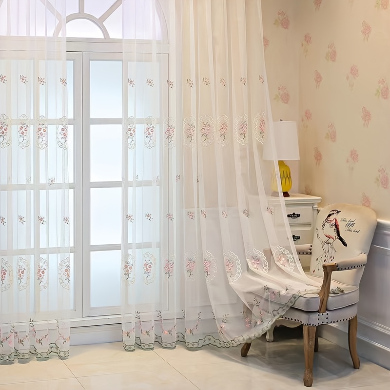 TEMU Floral Embroidered Sheer Curtain - Rod For Easy Hanging, Perfect For Bedroom, Living Room & Office Decor, Curtains For Living Room