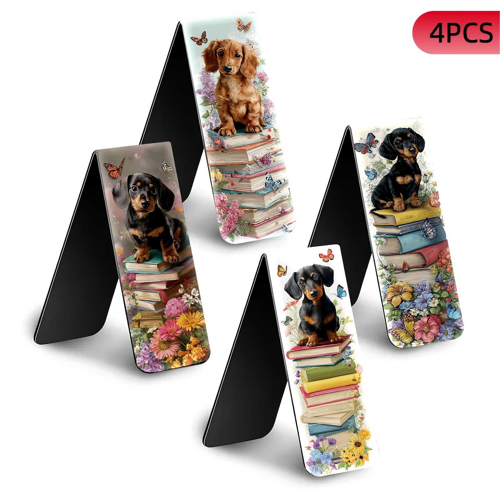 TEMU Set Of 4 Magnetic Bookmarks | Foldable Page Clips | Adorable Dachshund-themed Magnetic Bookmarks From A Garden (4pcs) | High-definition Color