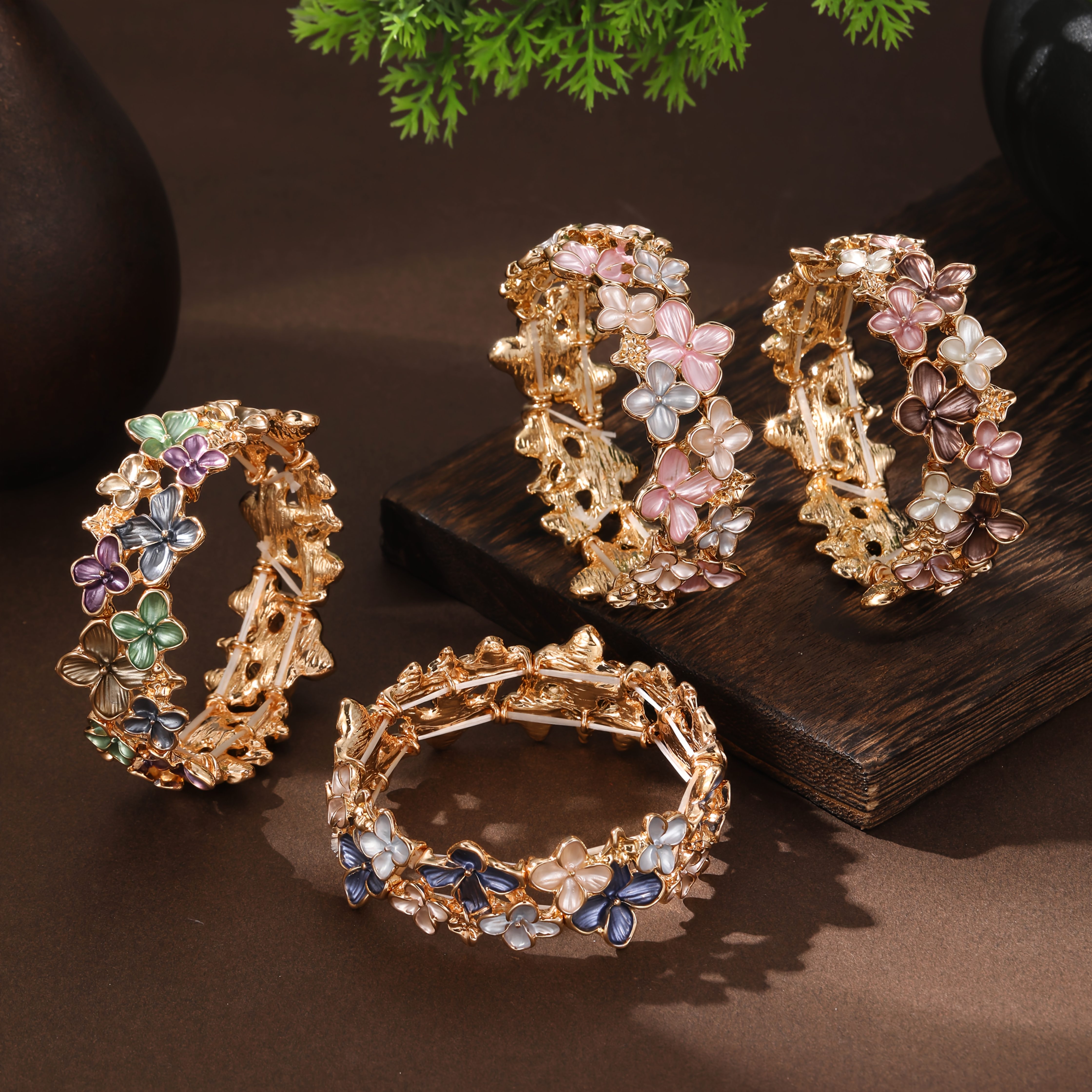 TEMU A New Handmade Colorful Painted Flower Alloy Elastic Bracelet, A Stylish And Creative Drip Oil Bracelet For Women