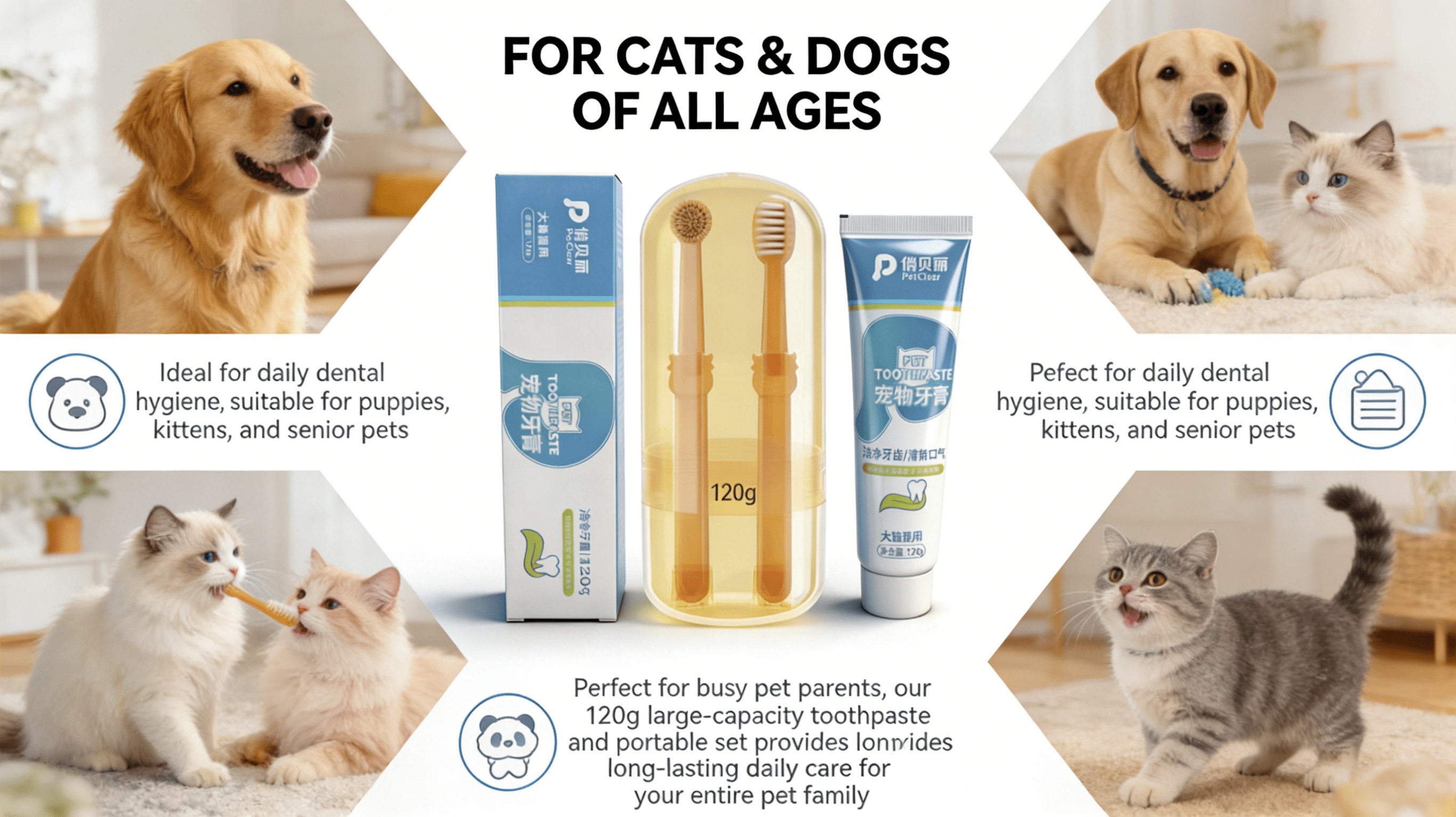 Pet Toothpaste And Toothbrush Set, Universal for Dogs And Cats, Dual-Head Design, Teeth Cleaning, Fresh Breath, Portable Storage Box