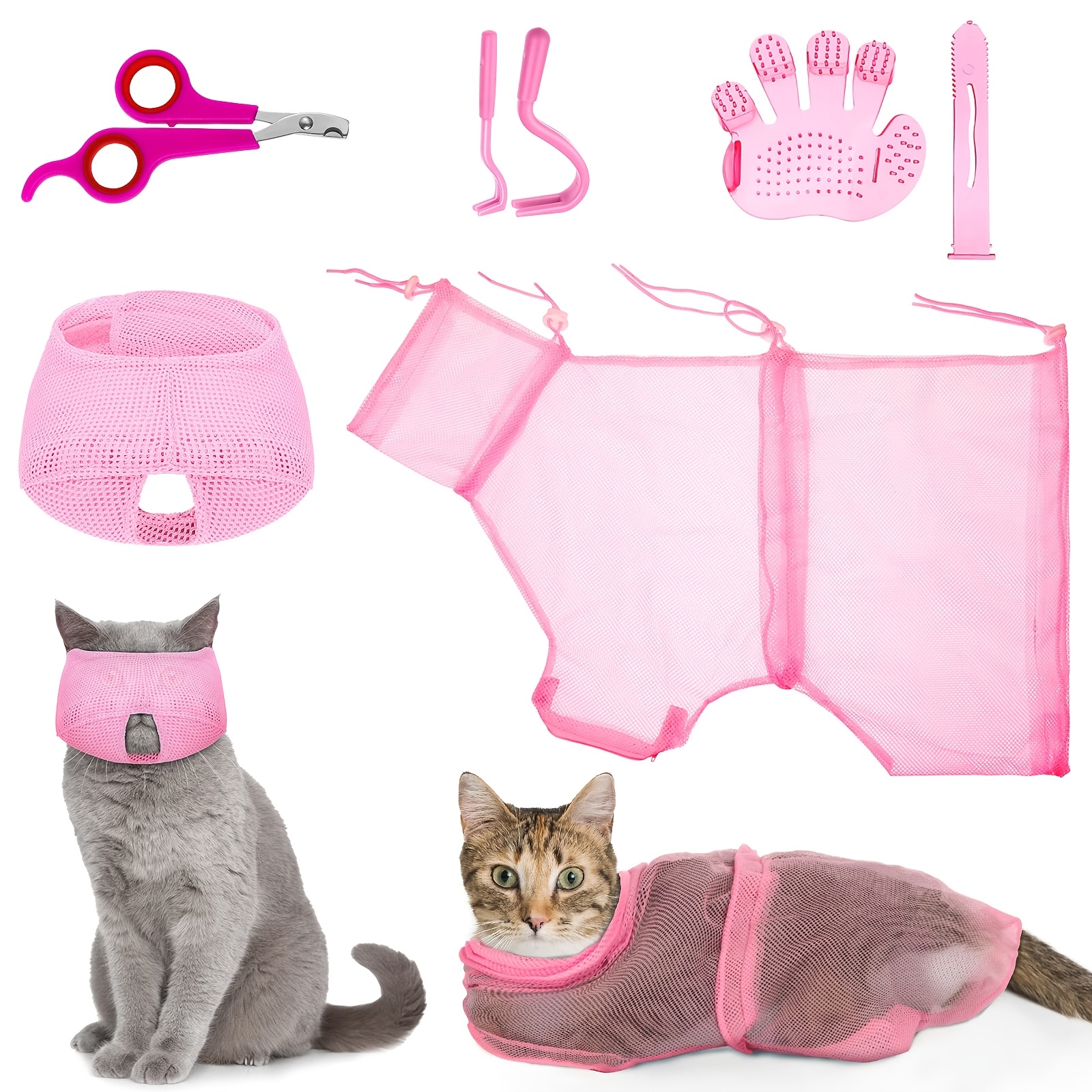 TEMU 5pcs Cat Bathing Bag Set Cat Grooming Bag Adjustable Pet Shower Net Muzzles Nail Clipper Tick Remover Tool Massage Brush (pink), Without Battery