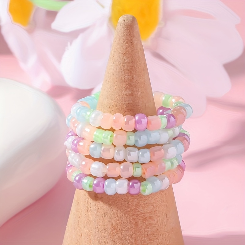 5pcs Pastel Macaron & Bead Ring Set, Cute Elastic Design