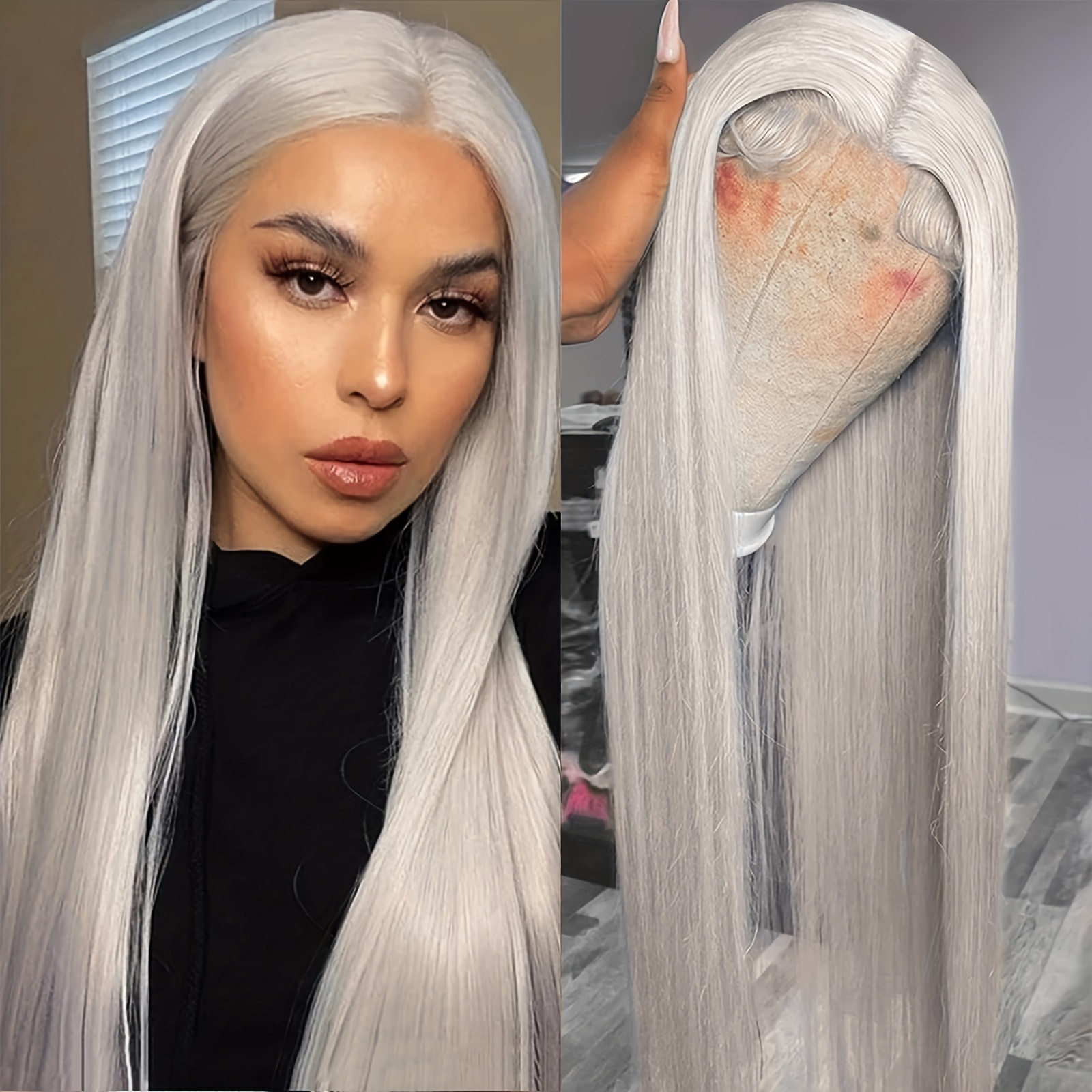 

13x4 Silver Gray Wig Long Straight Gray Lace Front Wigs For Women Silver Wig Glueless Heat Resistant Synthetic Fiber Lace Wigs For Daily Party Cosplay 26 Inch