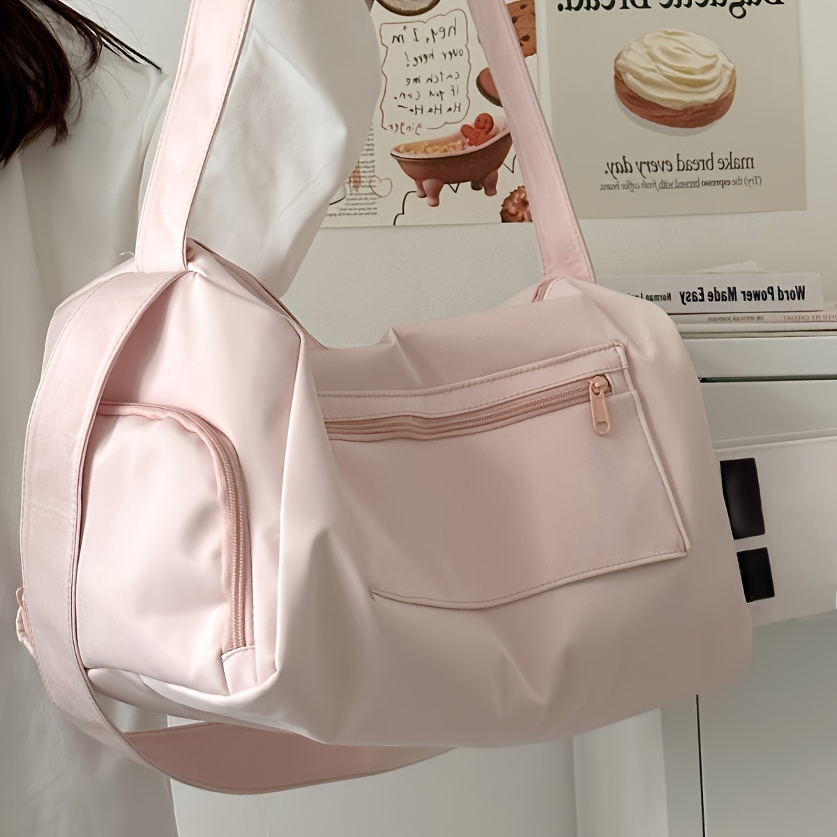 TEMU Large Capacity Solid Color Shoulder Bag | Multi-pockets, Lightweight And Portable, Suitable For Outdoor And Short-distance Travel, Pink Nylon By