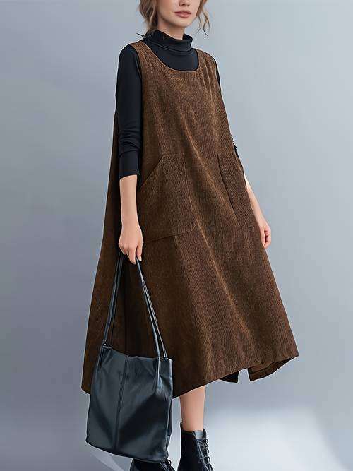 item picture spring and autumn elegant womens dress vintage literary medium length corduroy vest dress with loose fit and large pockets