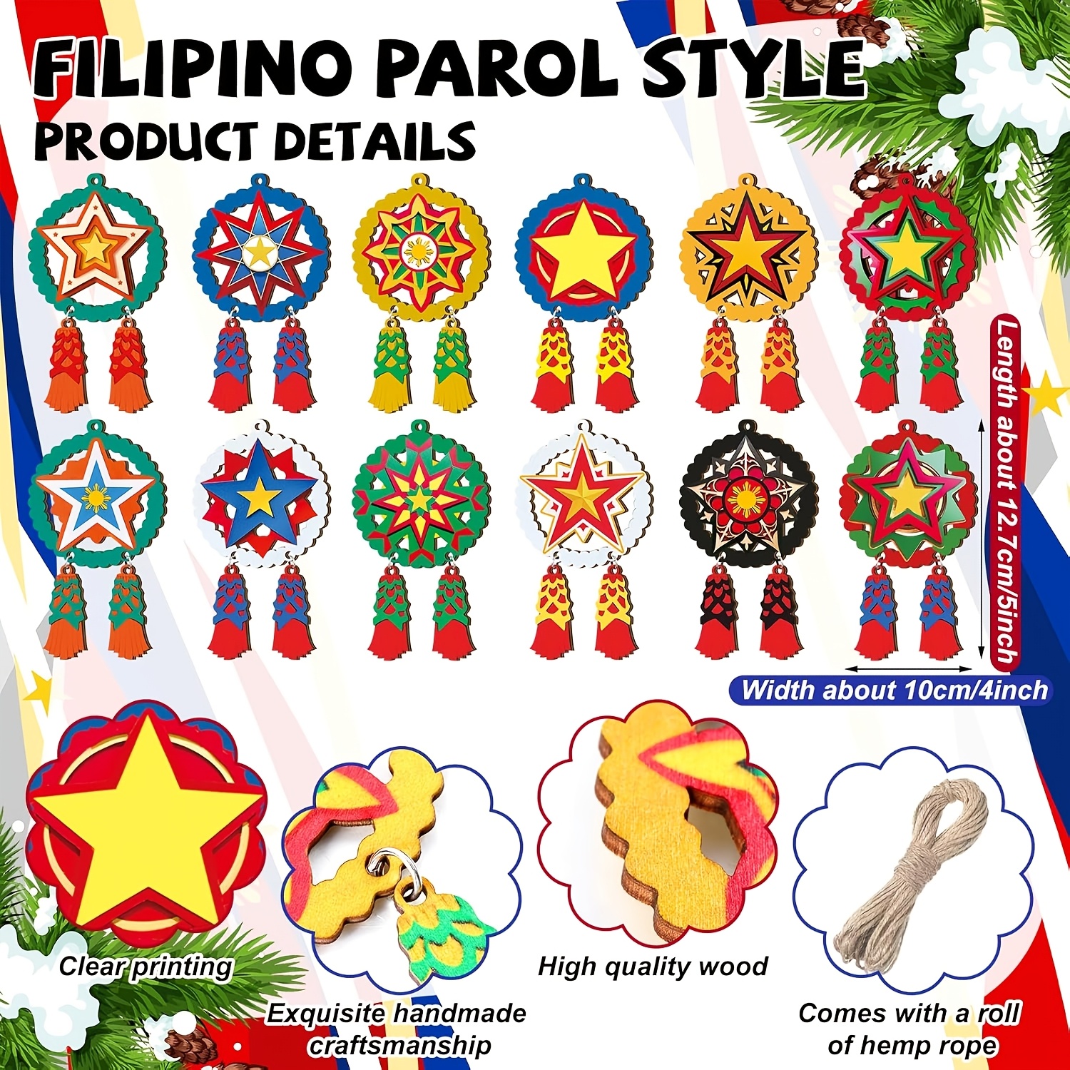 TEMU 12pcs Set. Philippine Paroral Decorative Ornaments, Christmas Tree-shaped Decorations, Traditional Gifts From The Philippines, Suitable For