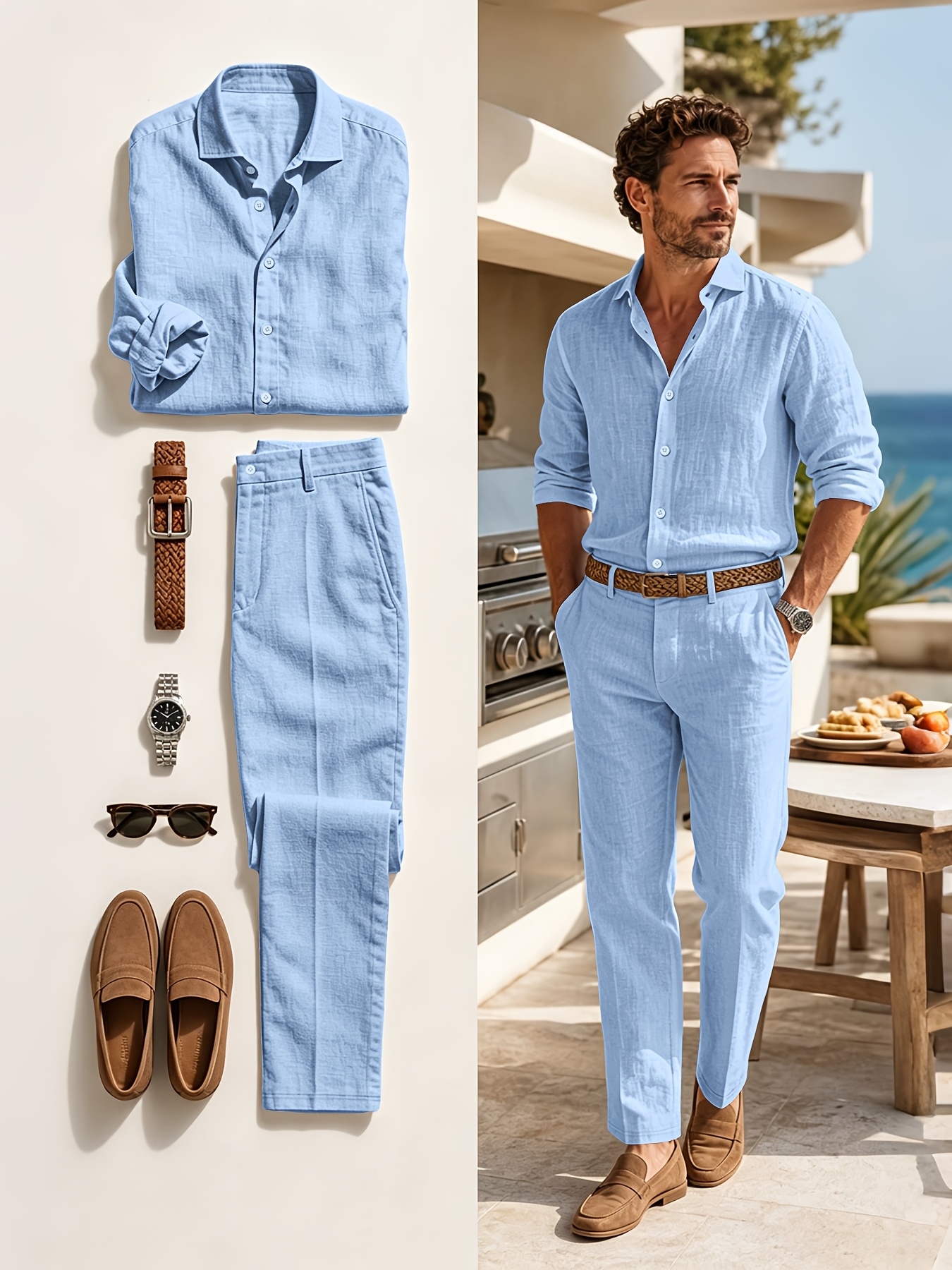 ensemble chemise en lin à col   manches longues mince et pantalon droit pour homme printemps automne nouveau, solide à taille élastique, tendance mode confortable,     sortie sport vacances rue 2 pièces 0