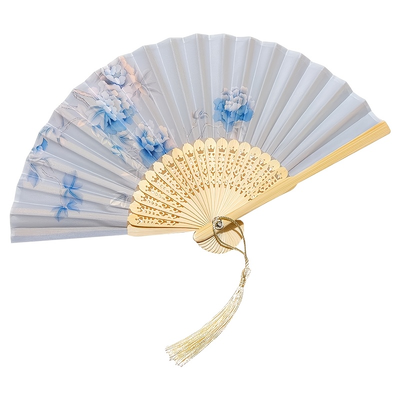 Image of 16cm Mini Floral Bamboo Folding Fan With Tassel Portable Lightweight Hand Fan For Women Wedding Party Decor