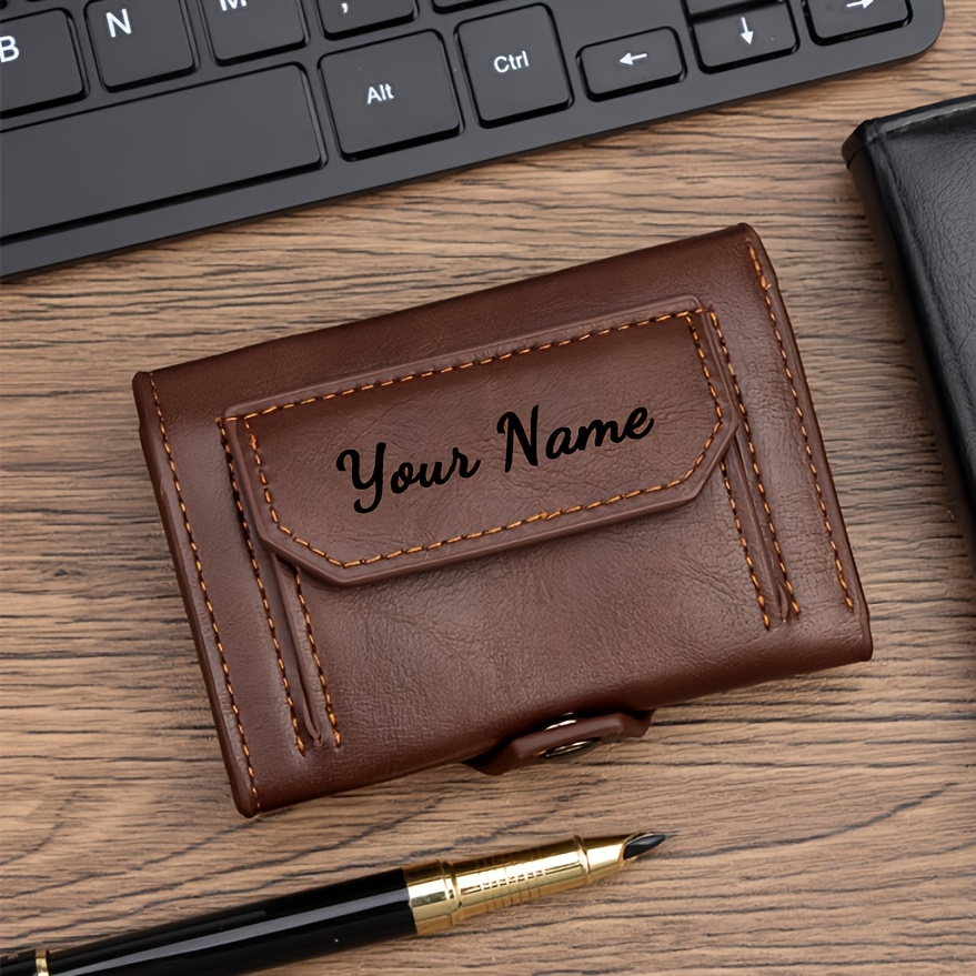 TEMU Custom New Minimalist Vintage Pu Card Case, Personalized Name Snap Closure Wallet With Independent Coin Storage Bag Portable Card Holder