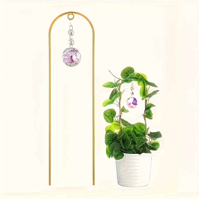 Image of 1pc Golden Metal Plant Trellis With Crystal Pendant - Perfect For Indoor Or Outdoor Garden Decoration