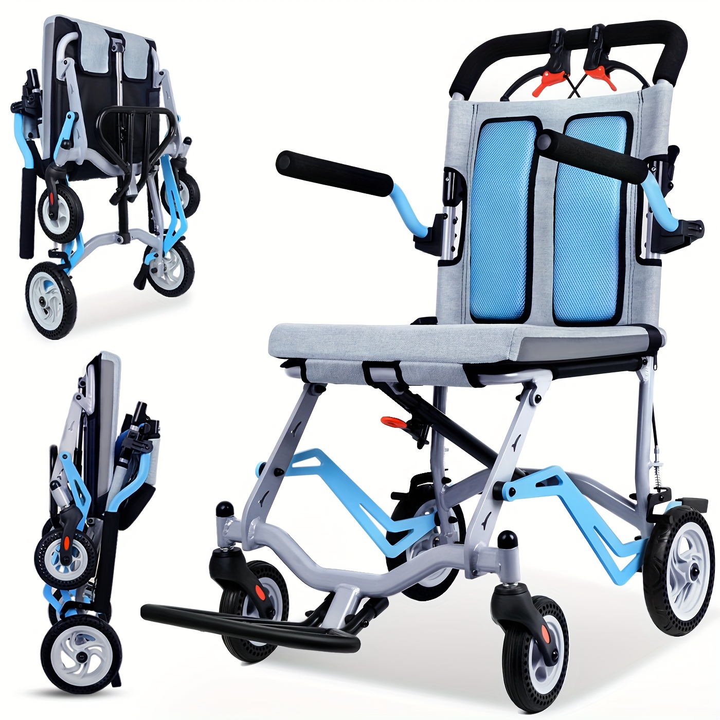 Super Lightweight (Only 8.62KG) Portable Transport Travel Wheelchair | Folding Transit Wheelchairs for Adults and Seniors Support 99.79KG, Lightweight Aluminum Wheelchair for Elderly Blue by MUJOCOOKER