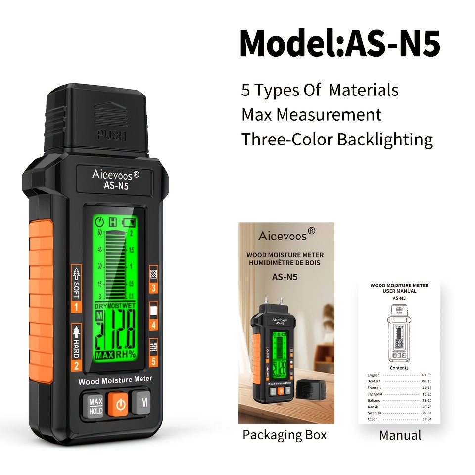 Image of Aicevoos Digital Wood Moisture Meter, Needle Type Water Leakage Detector, Moisture Tester Damp Tester, Mode Detector, Three-color Backlit Lcd Display, Multi-scene Measure Temperature Humidity Probes
