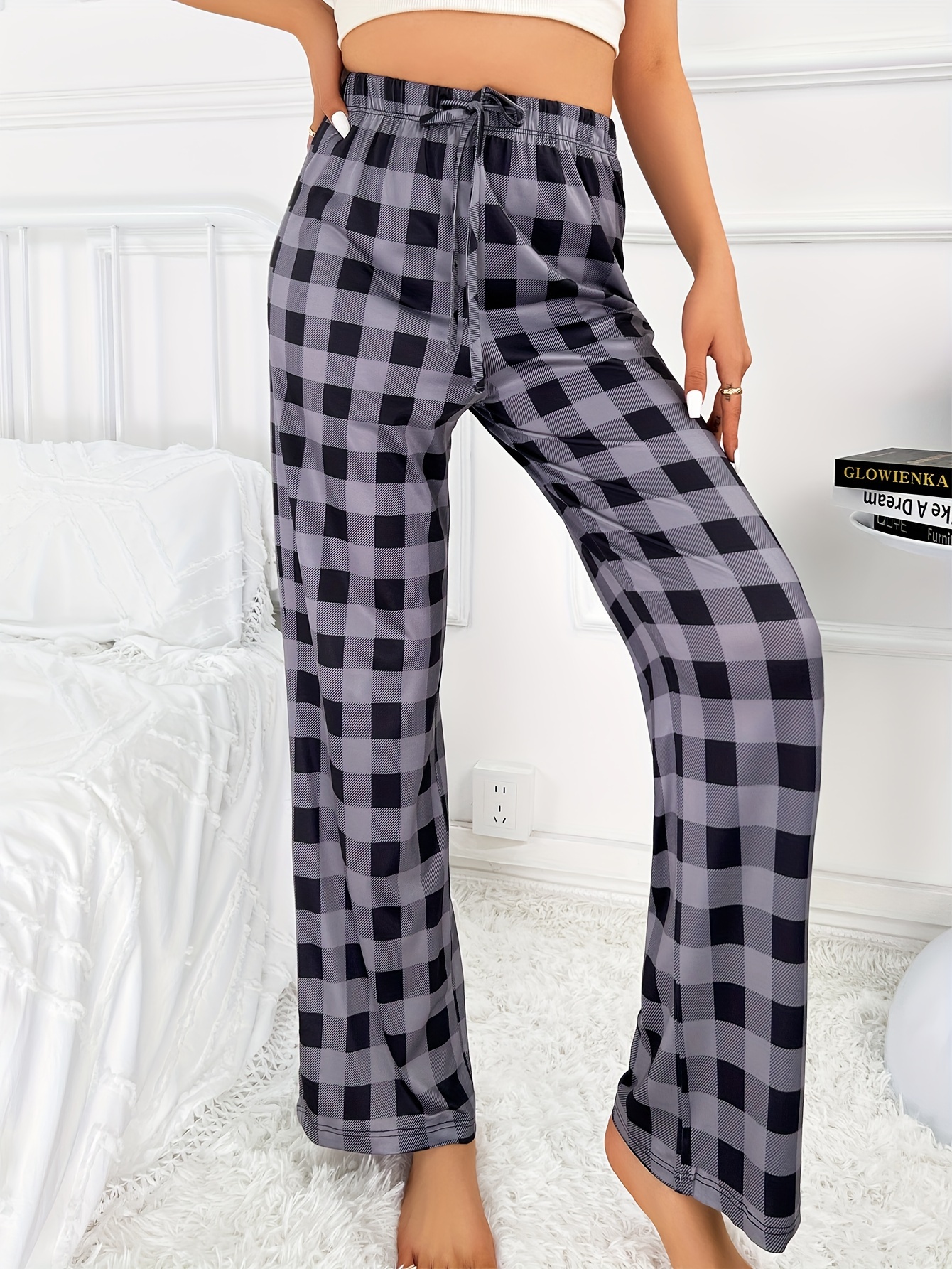 Black White Buffalo Check Plaid Women's Pajama Pants Checkerboard Loose  Wide Leg Pant Casual Drawstring Sweatpants XL at  Women's Clothing  store