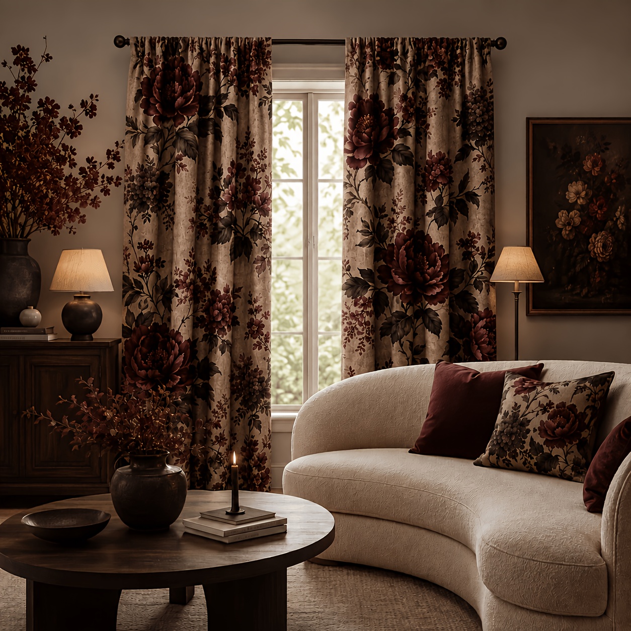 TEMU 2pcs Wine Red Peony Dark Tone Garden Perforated Curtains, Vintage Dark Floral Gray- Print, Light Decor Curtains For Living Room And Bedroom,