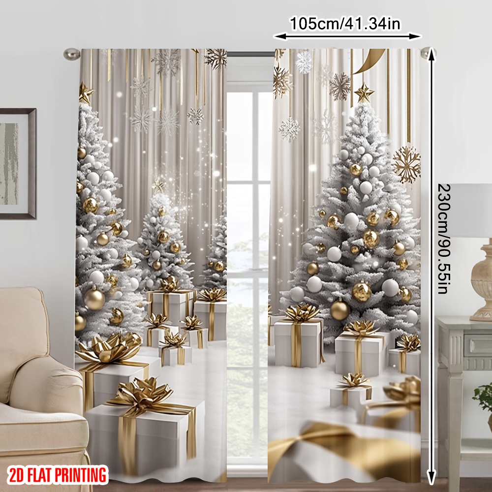 TEMU 2d Flat - 2d Flat - 2d Flat, 2pcs Printed Curtains, Golden Winterfest Pocket Pole Installation, Fits Living Room, Bedroom, Kitchen, Study, Home