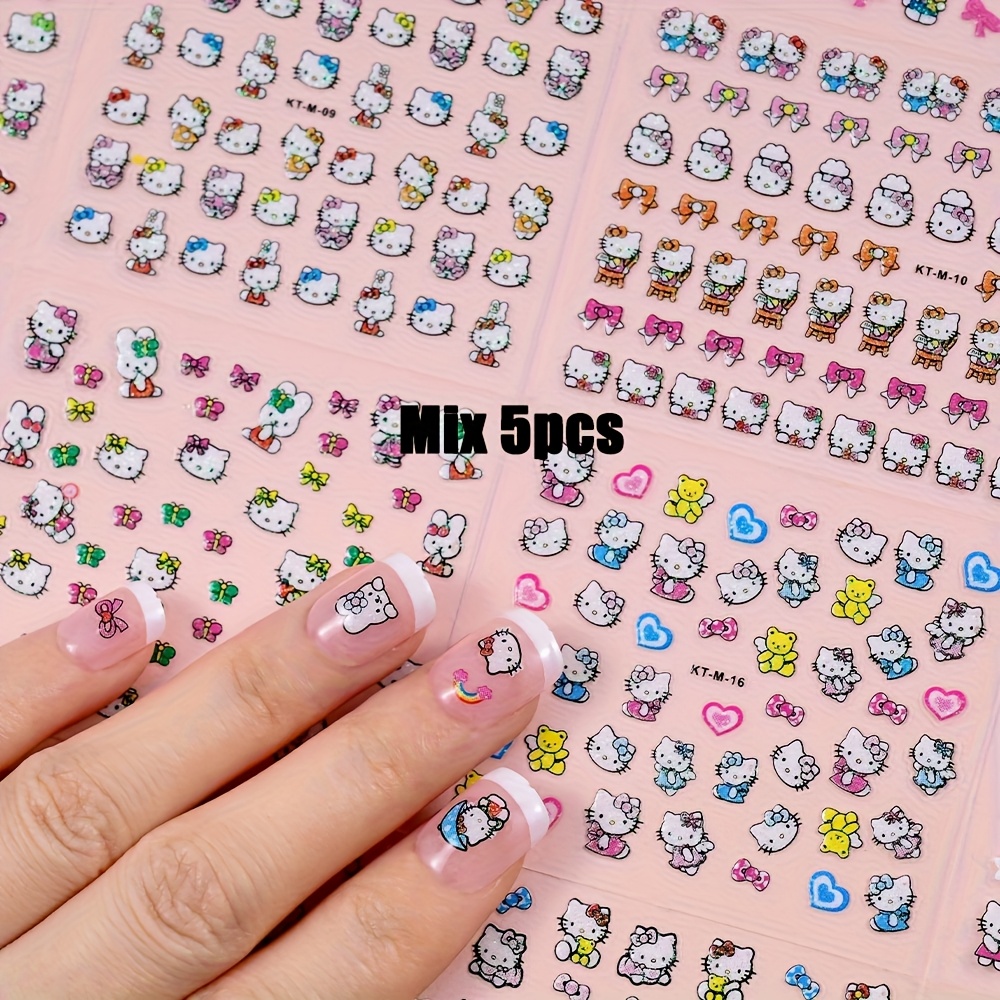 Image of 5pcs Hellokitty Heart& For Nail Art Stickers, Colorful Manicure Art Decals For Nail Art Decoration, Self Adhesive For Nail Art Supplies For Women And, For Nail Art Additions