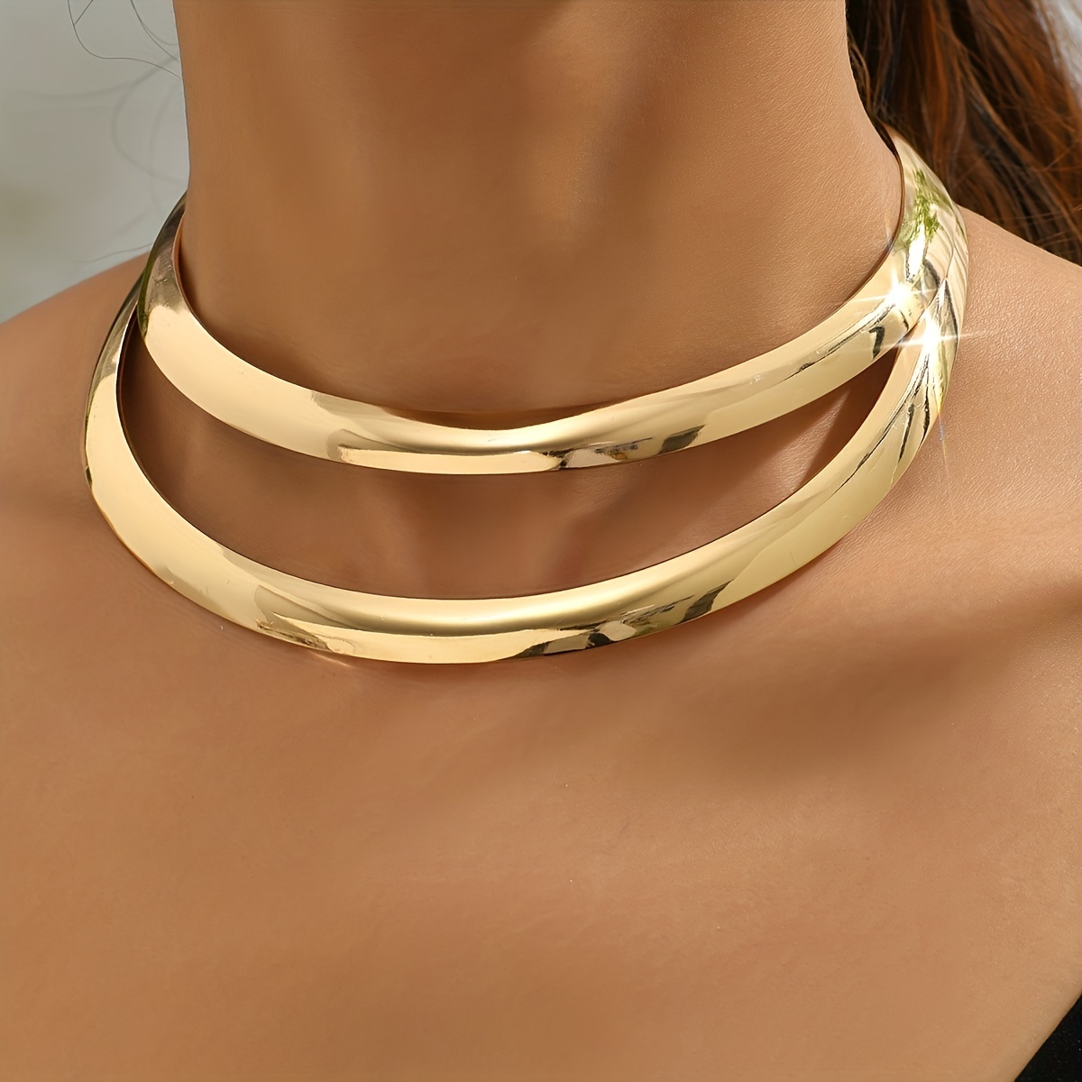 Dual Layer Open Cuff Choker Necklace, No Plating