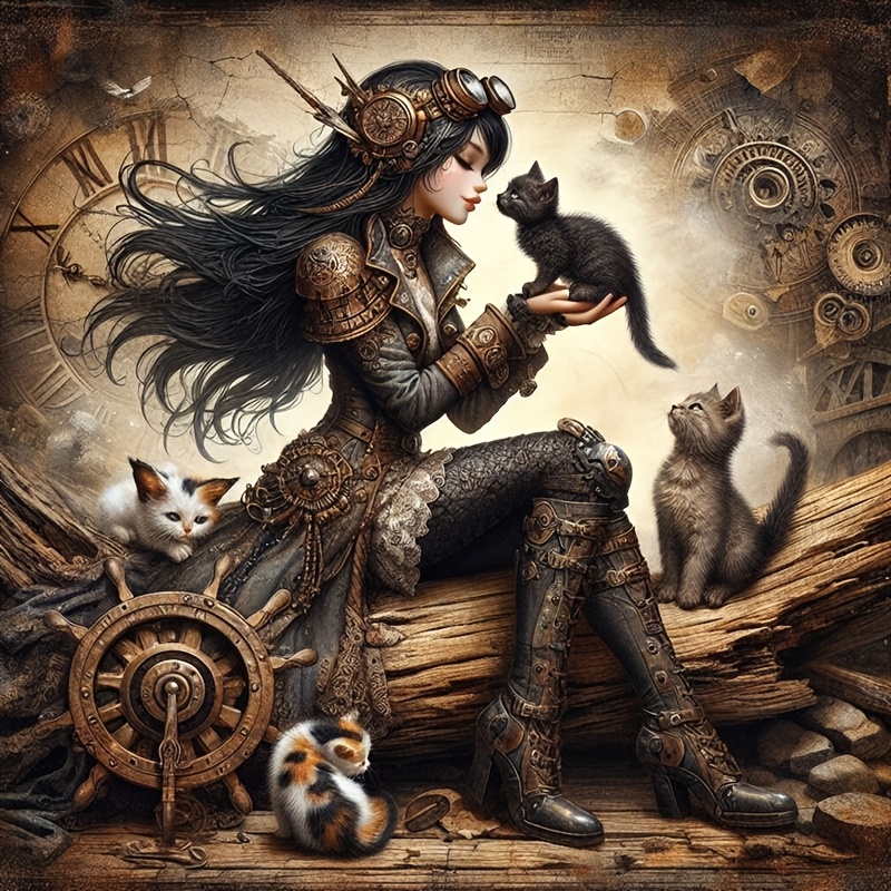 

1pc Steampunk Cat Lover Diamond Painting Kit, Round Diamond Art, Diy Canvas Craft, Home Window Wall Table Decor, Gift, 40x40cm/15.7x15.7inch, 30x30cm/11.8x11.8inch, 50x50cm/19.7x19.7inch