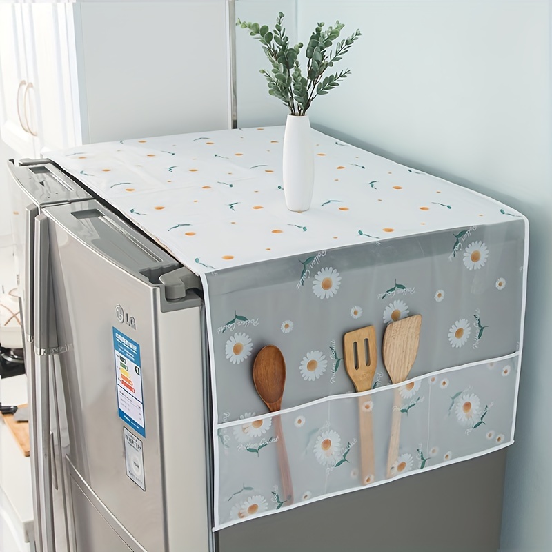 1pc Youlong Multi-Function Refrigerator Dust Cover with Pocket, 128.02 x 52.07 cm, Modern Decorative Fabric Storage Organizer for Home and Kitchen Use, Green Leaf Pattern, PET Material, Appliance Top Protector | Decorative Storage | Pet Material Cover