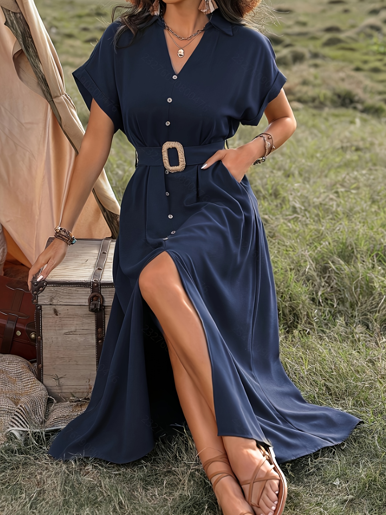 womens elegant navy blue a line dress belt long sleeve Temu Sweden - Main Image