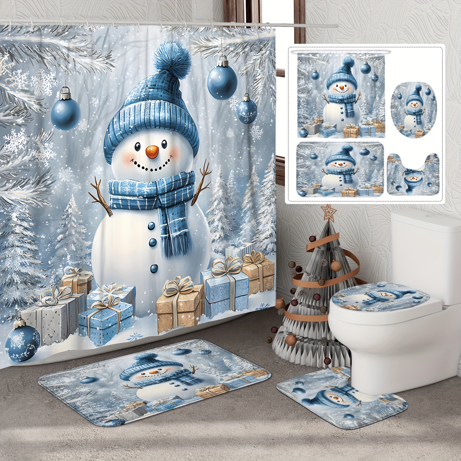 

1/4pcs Christmas Snowman Curtain Set: Polyester 12 , Bath Mat, Lid Mat For Bathroom Or Decor