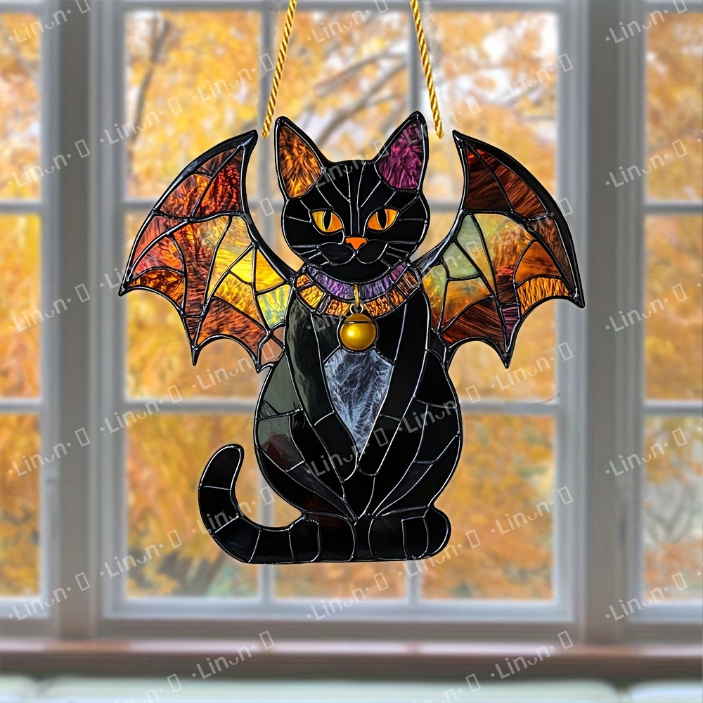 

Charming Bat & Black Cat Suncatcher - Colorful Acrylic Window Hanging, Perfect For & Housewarming Gifts, Versatile Home & Wall Decor, 8"x8