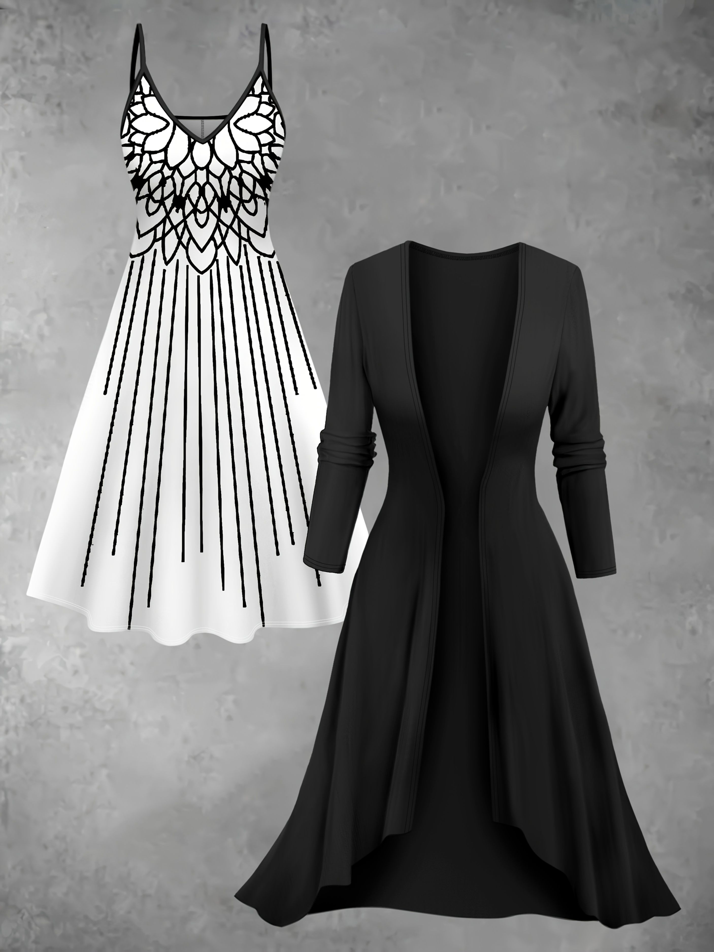 Plus-size dress set, stylish long cardigan with printed dress everyday elegant 2pcs set