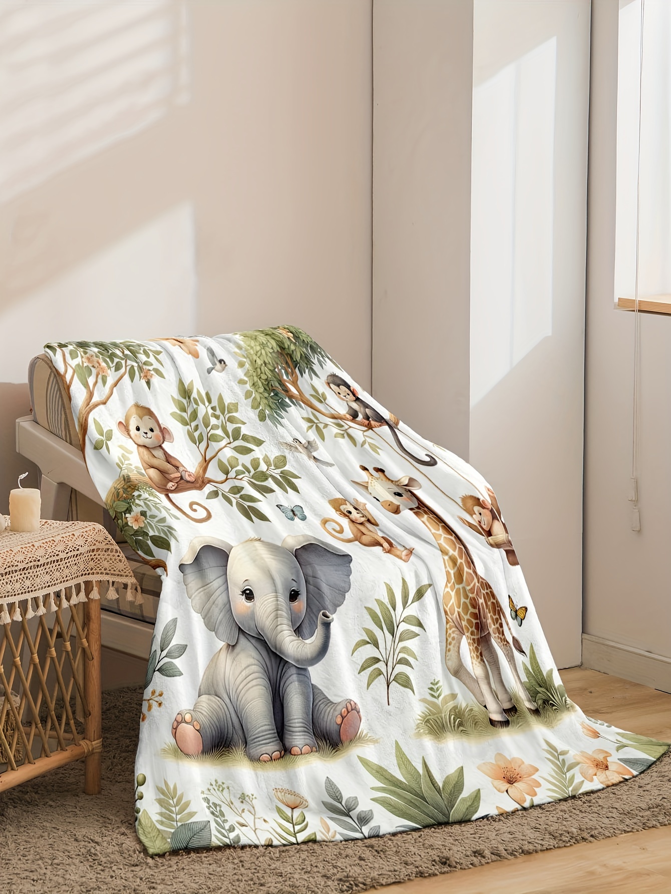 cozy flannel throw blanket with unique animal prints elephant giraffe monkey   warm versatile for couch bed travel machine washable plush blanket details 0