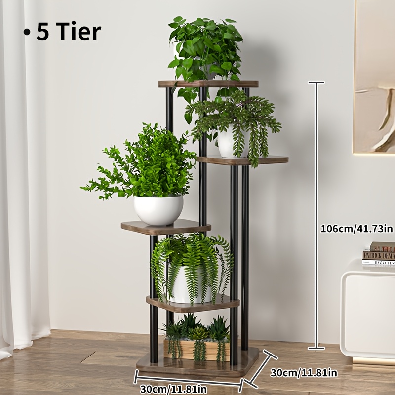 Image of Wooden And Black Golden Metal Plant Stand For Indoor/outdoor Display, Perfect For Living Room, Balcony, Garden Storage - Multifunctional Corner Stand