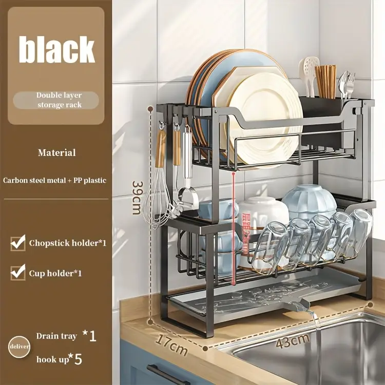 1pc multifunctional convenient durable kitchen counter top sink bowl rack removable 2 tier bowl rack drain board with double layer bowl cup rack drain board board rack utensil rack Product details 8
