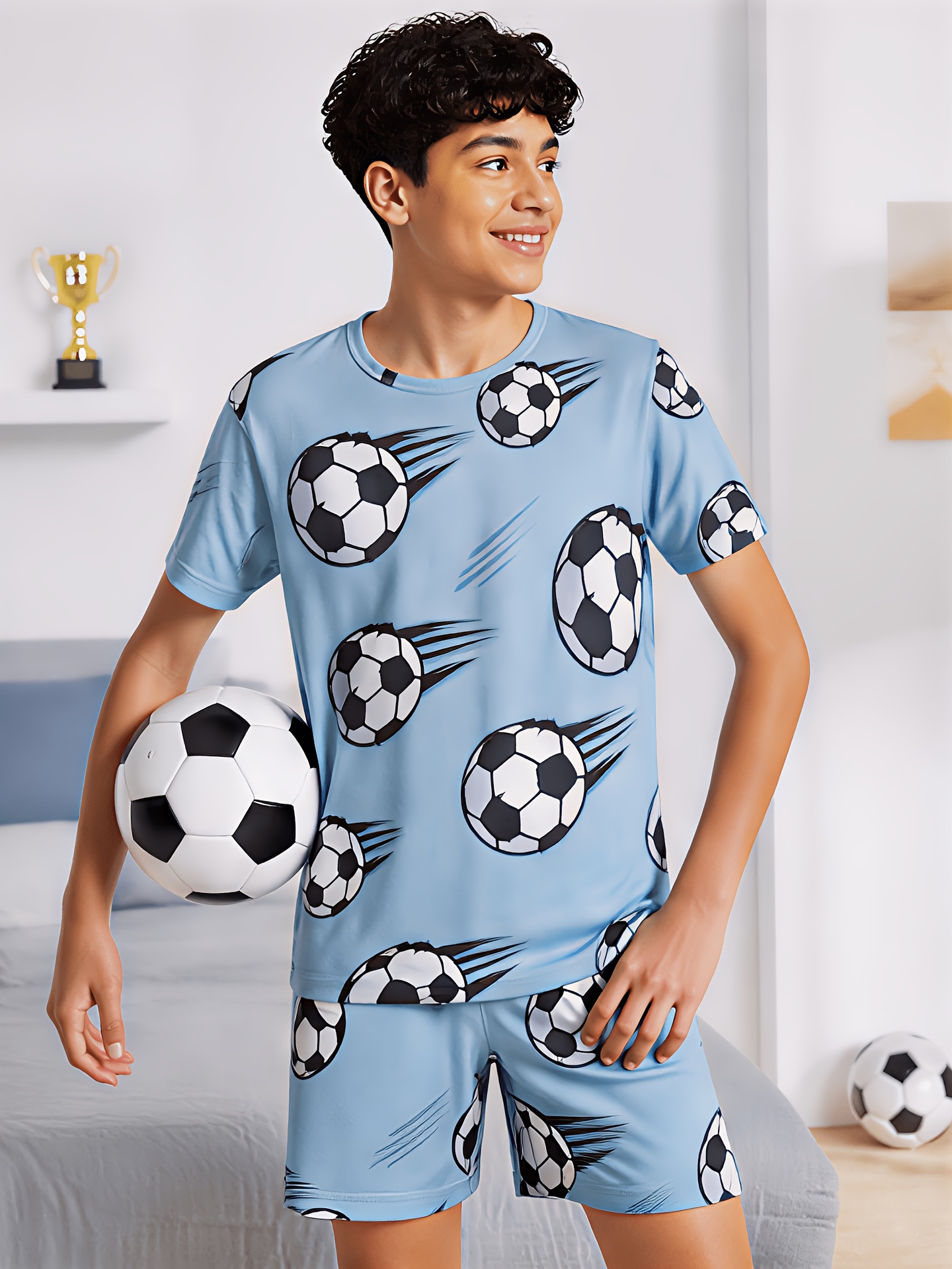 summer boys random print soccer themed pajama set   1615 flame retardant standard short sleeve t shirt and shorts casual sport pajamas for young boys older boys