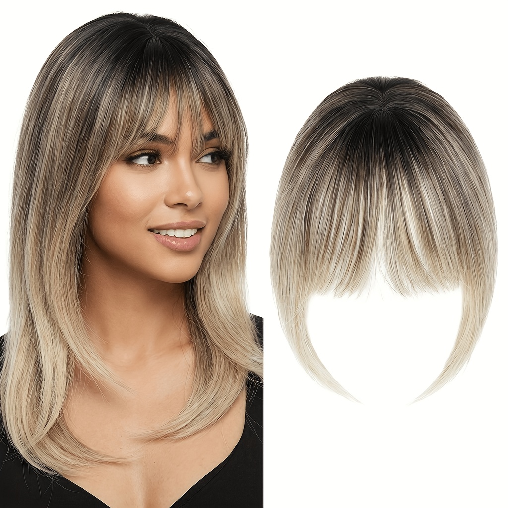 TEMU 1pc Clip In Curtain Air Bangs Hair Topper, Heat Resistant Synthetic Fiber, Breathable Mesh Base & Realistic Simulated Scalp, Ombre Brown Blonde