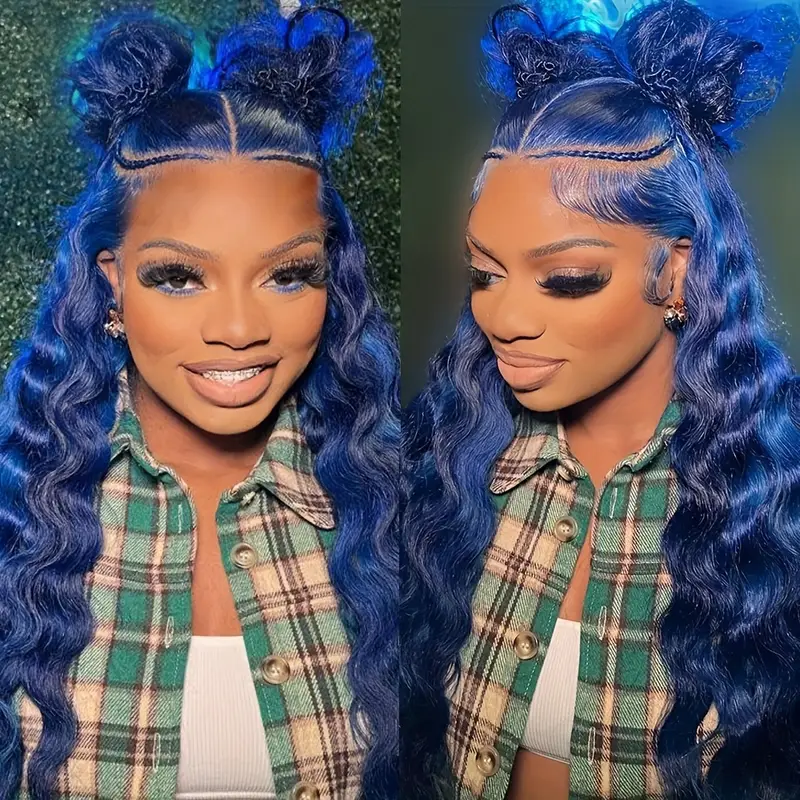 13x4 wave lace front wigs dark blue water wave wigs long curly hair glueless wig 180 density synthetic wigs middle part heat resistant synthetic lace front wigs for women daily party use 28 inch colored wig details 0