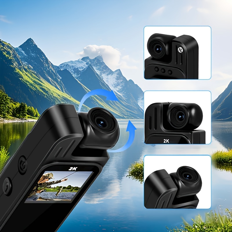 Grabadora de video portátil 2K Ultra HD con lente giratoria de 180°, cámara de bolsillo con estabilizador 2K de mano, cámara de cuerpo completo para vlogging, viajes y grabación de la vida diaria, recargable por USB, negra, cámara de vlogging