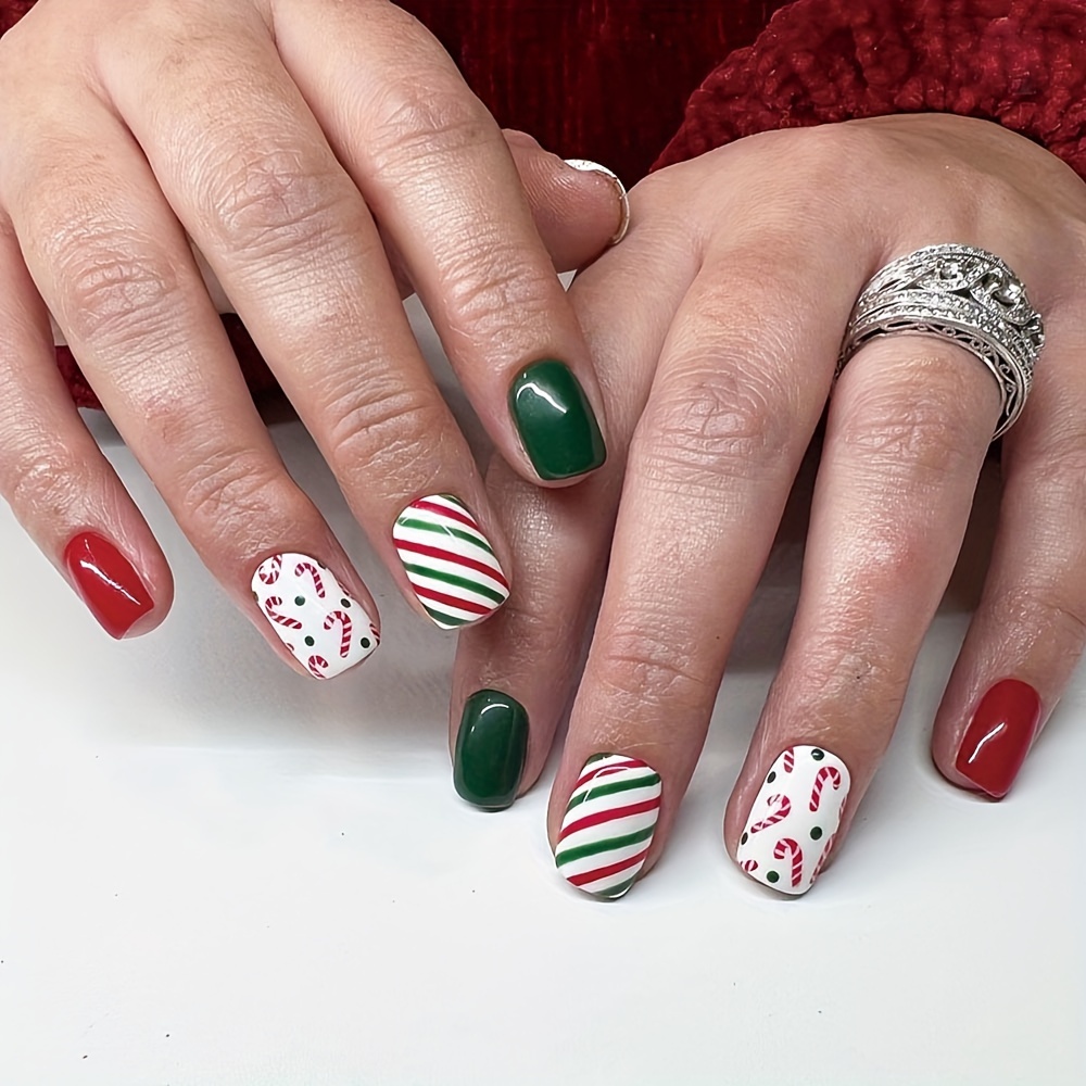 

24-piece Christmas Candy Cane Square Short Press-on Nails Set - , Red & Patterns, Cartoon Candy Canes & , Easy To Apply & Remove False Nail Tips