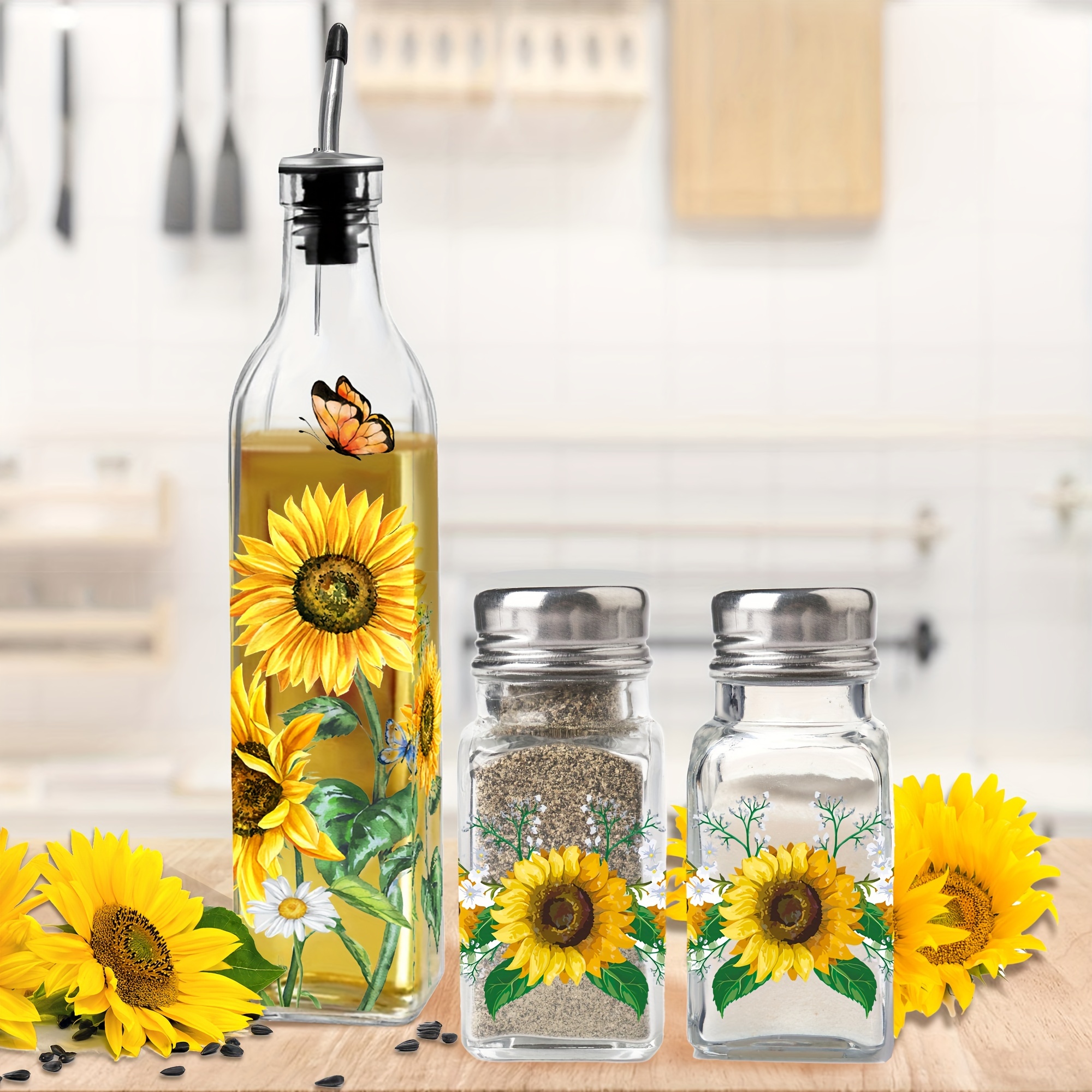 

Sunflower Decor Bottle Salt And Pepper Shaker Set, Sunflower Gifts Decorations For Kitchen, Sunflower 17oz Glass Olive Oil Dispenser Bottle And Salt Pepper Shaker Kitchen Decor Set