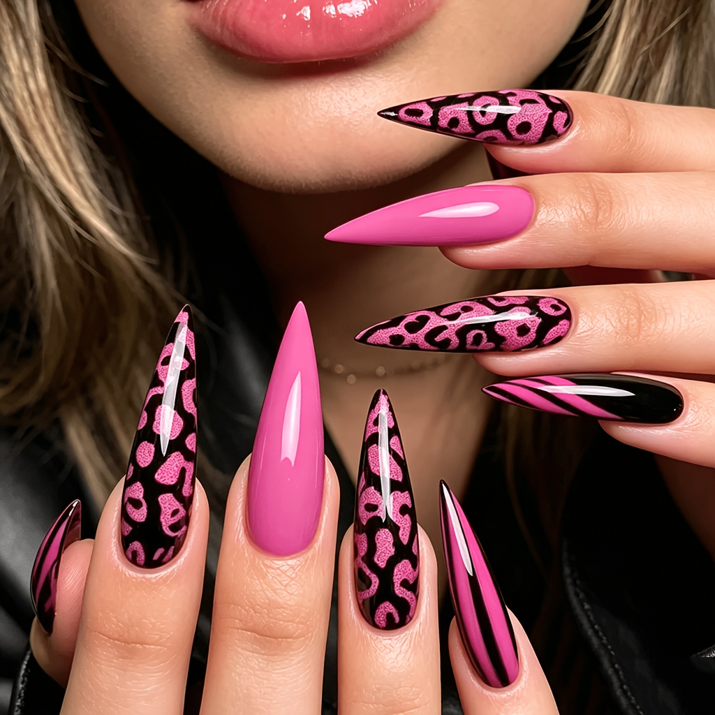 TEMU Uñas postizas largas y puntiagudas geométricas rosas, 24 unidades, Stickers de uñas a presión, Nail Art Y2K, Manicura , Set de uñas, Uñas para