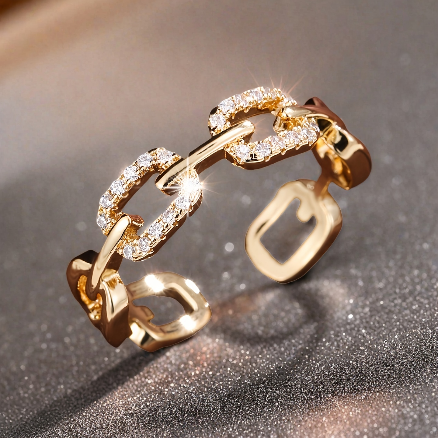 Synthetic Cubic Zirconia Inlaid Open Adjustable Ring, Chain Shaped Statement Ring, Suitable For April Birthday, Valentine's Day, Party
