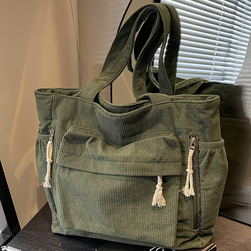 Women's Large Capacity Corduroy Tote Bag - Heavy-duty Multi-compartment Handbag With Fixed Strap & Zipper Closure, Olive Green/navy/, Travel