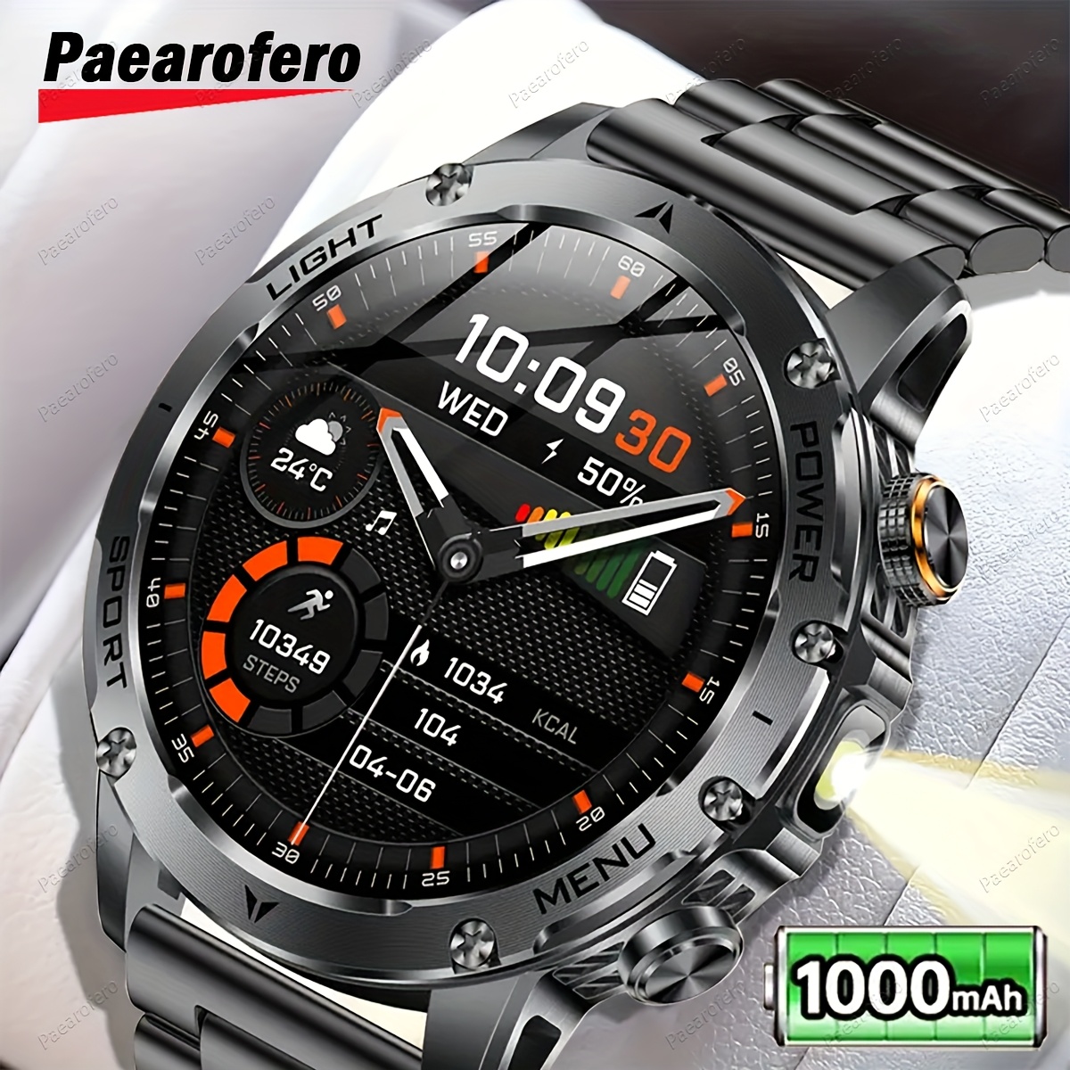   1000mah large battery outdoor smartwatch led flashlight wireless calling   multi function reminder sports fitness 1 7 inch hd display alloy body mens smartwatch for iphone   holiday gift
