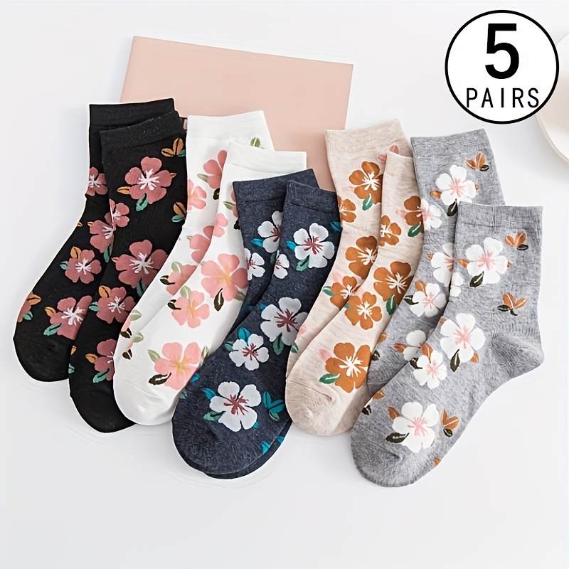 

5 Pairs Women's Floral Knee-length Socks, Polyester And Spandex , Comfortable Knit Fabric, Hand Washable, With Assorted Vintage Designs For Casual Sports