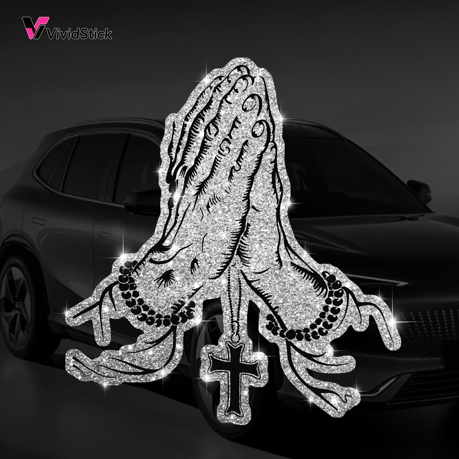 Image of 1pc Reflective Gesture Sticker - Shiny Sticker With Christian Faith Rose Beads And Cross Design, Suitable For Windshield And Body Decoration, Durable And Weather-resistant