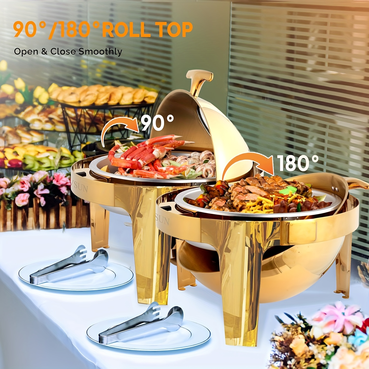 TEMU 1/2pack 6qt Roll Top Chafing Dish Buffet Set, Golden Round Nsf Stainless Steel Buffet Warmer Chafers, Buffet Warmers Sets With Thick Frame For
