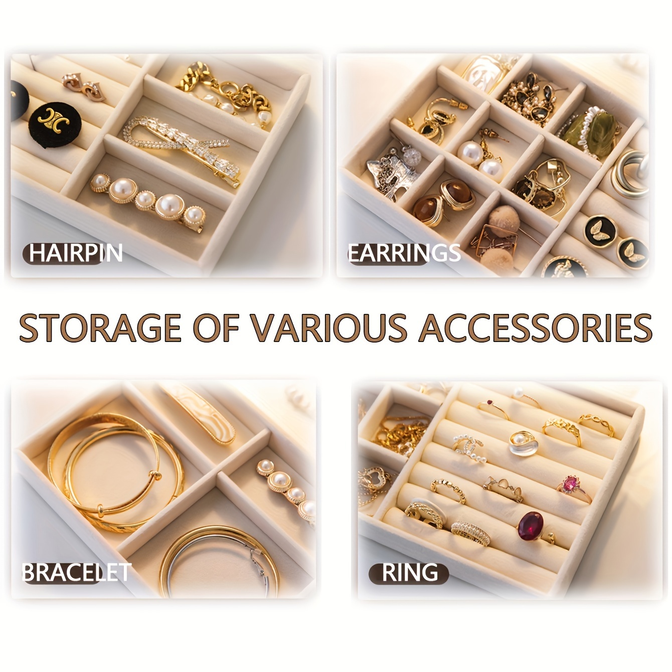 4pcs velvet jewelry storage organizer tray multi grid display holder for rings earrings bracelets necklaces brooches watches details 4