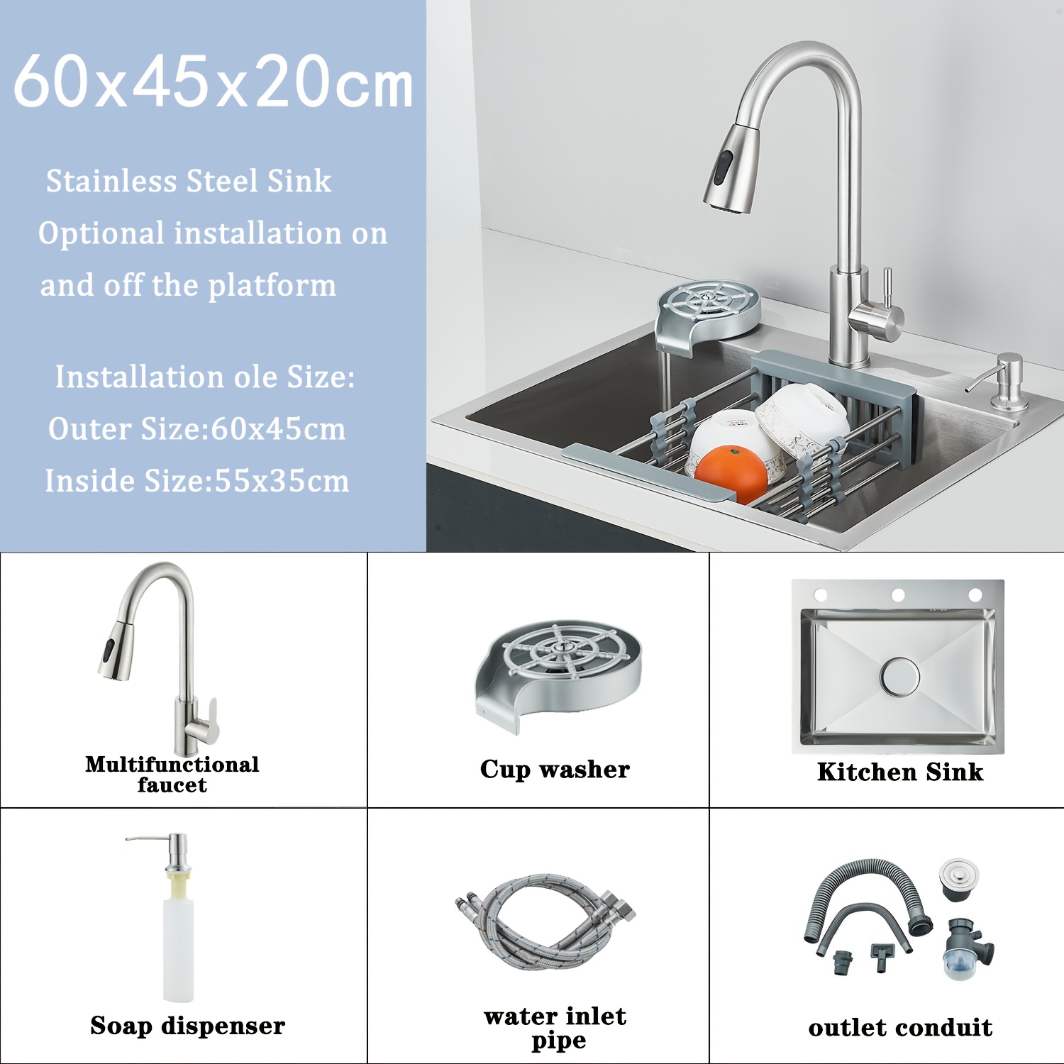 Image of Black Sink, Stainless Steel Built-in Sink, Kitchen Sink, Sink With Soap Dispenser And , Built-in Sink, Includes Drain Fittings, Single-bowl Design, 60 X 45cm