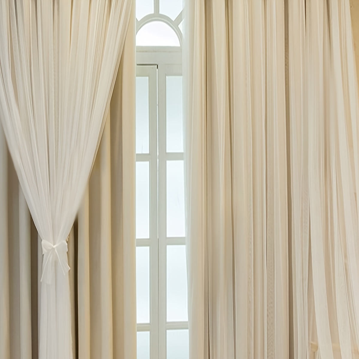 2pcs French Cream Beige Double-Layer Lace Curtains Suitable for Household, Rental Homes & Homestays - Light Blocking Floor-Length Window Drapes with Grommet Top, Sheer Panels for, Machine Washable for Bay Windows, Bedroom