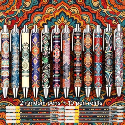 12pcs bohemian style click ballpoint pens random 2 pens 10 refills 1 0mm writing ethnic mandala pattern vintage ballpoint pens student office stationery gift for and teachers