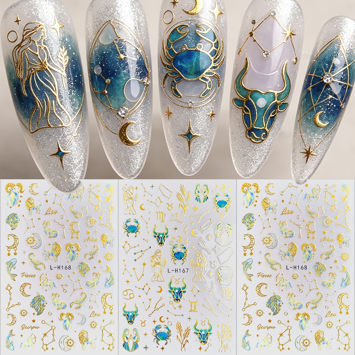 TEMU 3 Sheets Zodiac Nail Stickers, Luxury Celestial Constellation Moon Star Golden Shimmering Star Moon Theme Suitable For Music Festival Party,